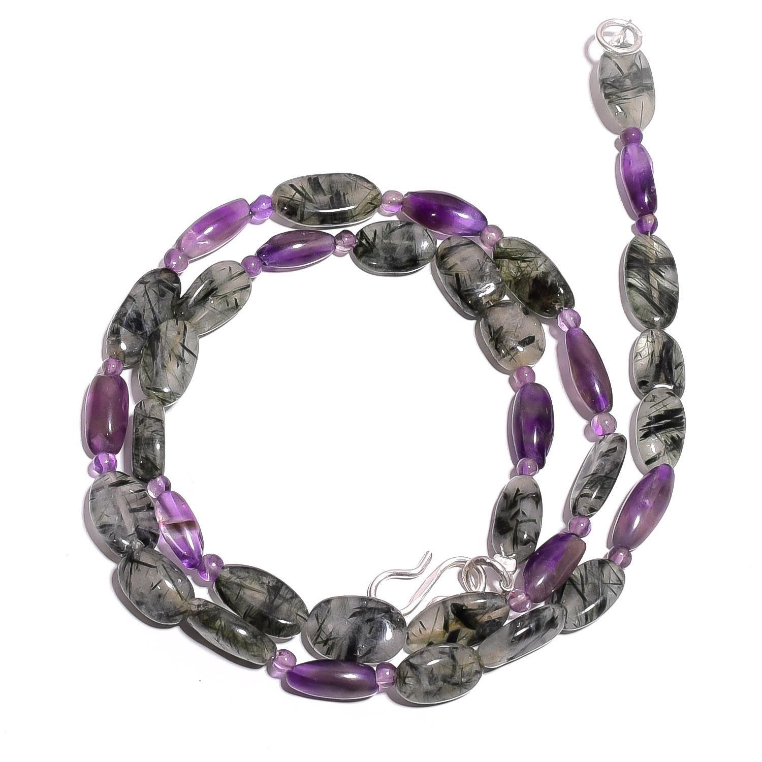 Natural Black Rutile Amethyst Gemstone Mix Smooth Beads Necklace 17  UB-4016 UB-4016