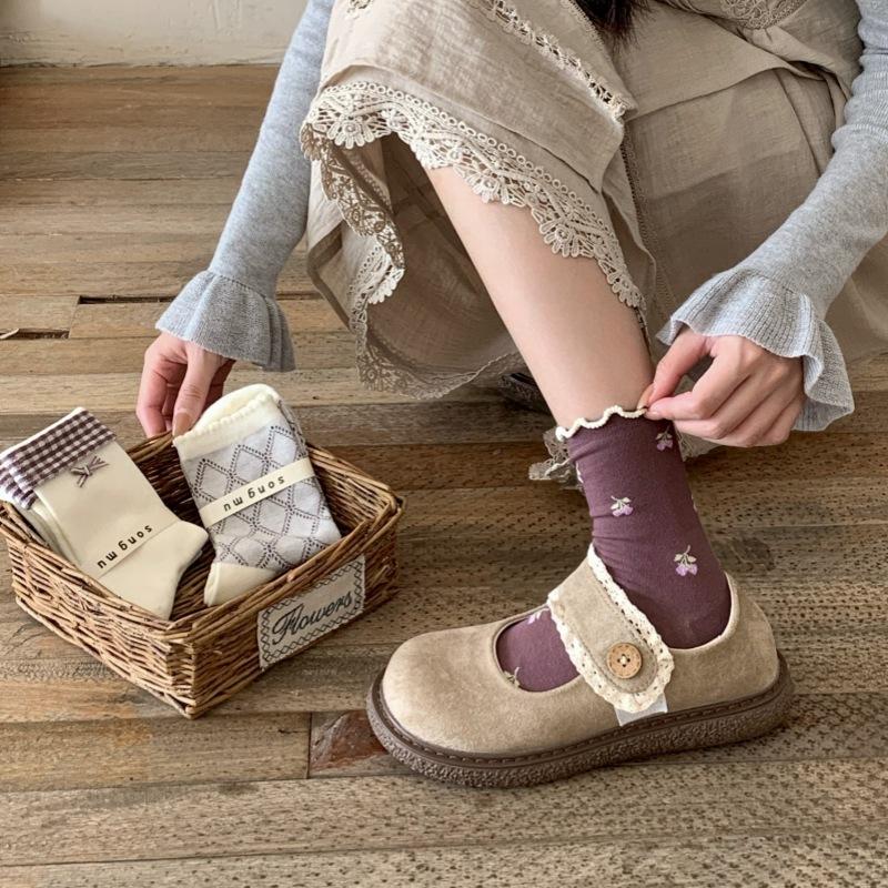 Ladies Spring and Autumn Vintage Sweet Flanging Check Bow in The Tube Socks