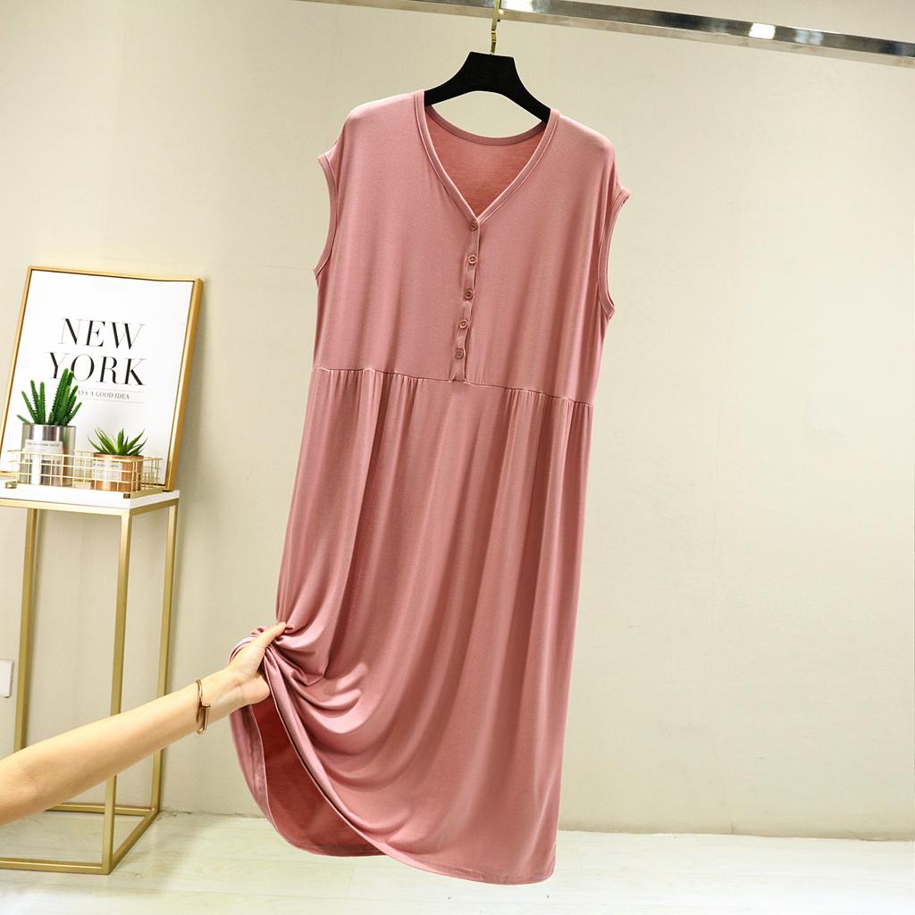 Summer Modal V-Neck Sleeveless Dress Loose Bottoming Dresses Casual Homewear Buttons Sleepdress