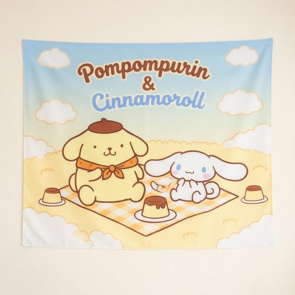 

Гобелен Pompompurin Cinnamoroll Каваи Пикник в облаках Декор комнаты Милый Аниме Настенное панно для фанатов Sanrio Подарок 74x94cm(29x37in)