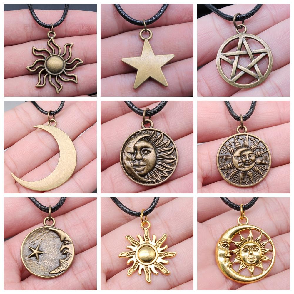 30 Styles Unisex Amulet Wicca Jewelry Gift Sun Moon Star Pentagram Pendant Necklace Black Leather Cord