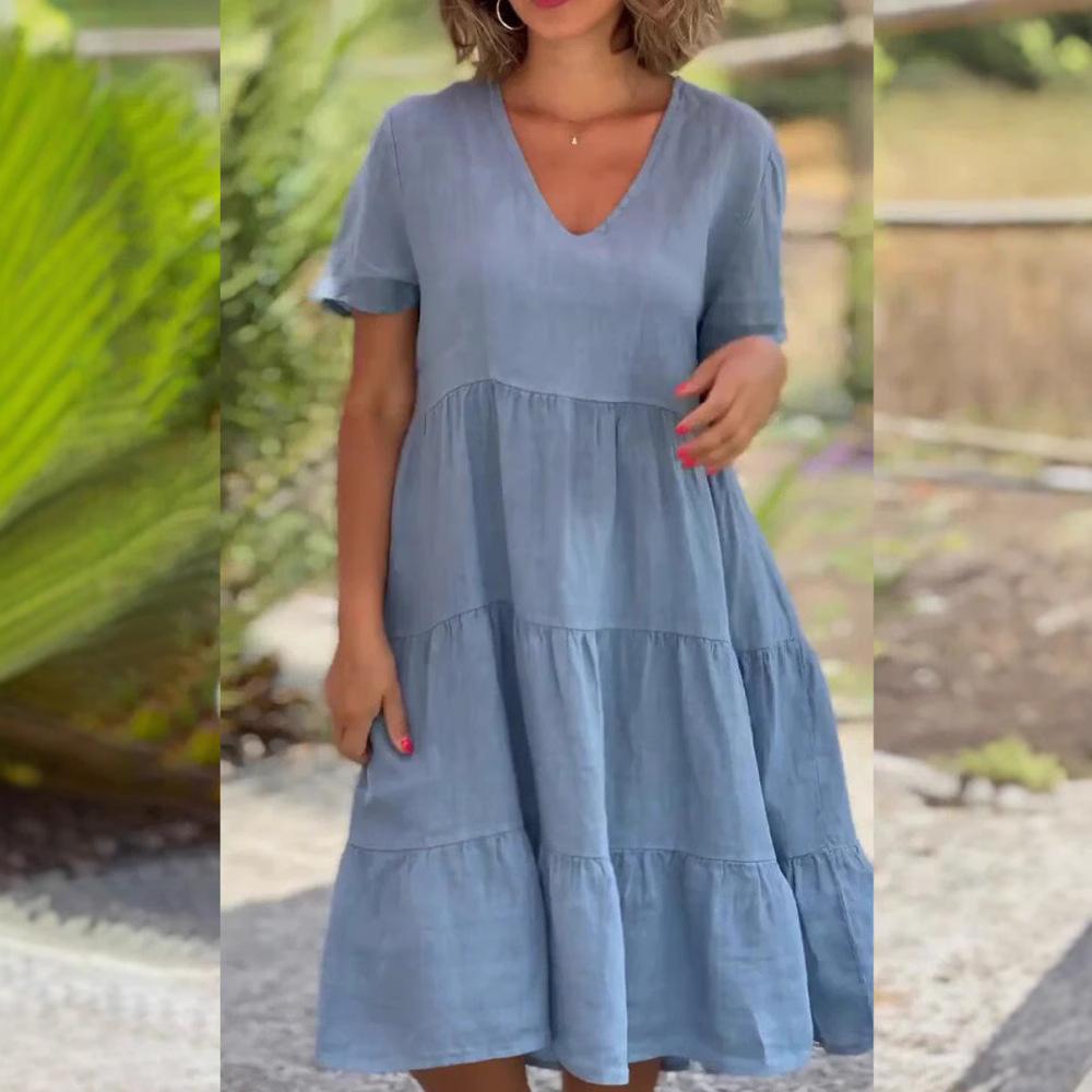 Cotton Linen Casual Women's Dresses Spring Summer Sweet Short Sleeve Solid V-neck Large Swing Loose Dress