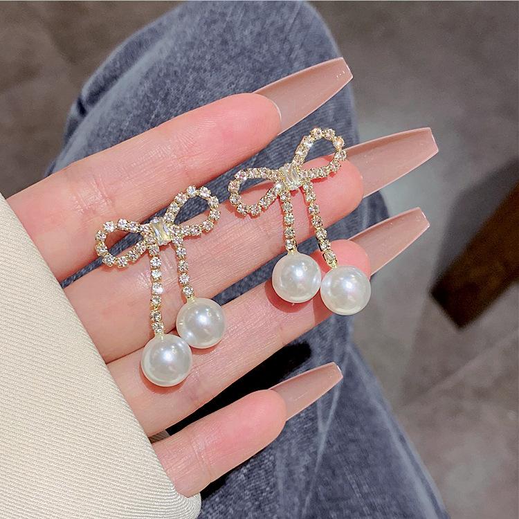 111 silver needle tassel bow zircon stud earrings for women exquisite, small and versatile earrings, fashion temperament, pearl earrings