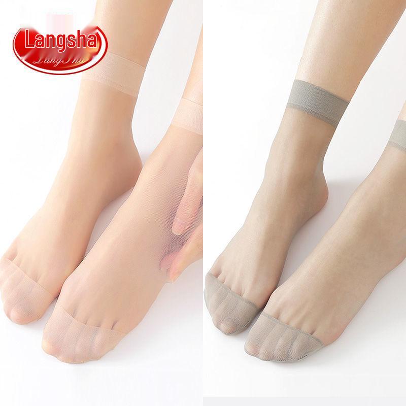 Langsha Crystal Women's Ultra-Thin Transparent Mid-Calf Stockings - Durable Black & Nude Short Socks for Summer.