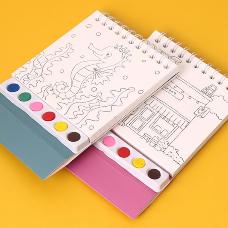 1 Set Desktop Ornament Coil Vertical Watercolor Painting Diy Watercolor Graffiti Book With Built-In Paint Coloring Picture Book
