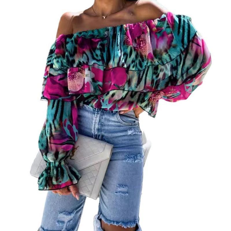 New Spring Off-the-shoulder Floral Printed Layer Ruffled Women Blouse Sexy Long Sleeve One-word Collar Shirt Sweet Loose Casual Tops Clothing