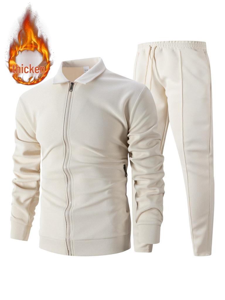 2025 Men's Slim Fit Cardigan Jacket Set with Waffle Knit, Zipper Pocket, and Lapel Collar for Spring and Autumn