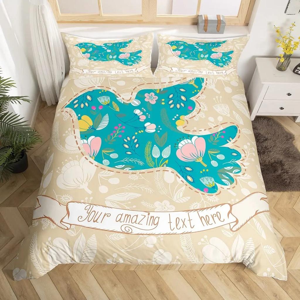 Peace Symbol Duvet Cover Set for Kids Boys Girls,Happiness World Bedding Set 3 Pcs,Queen Size,Green Brown Red Soft Bedroom Decor