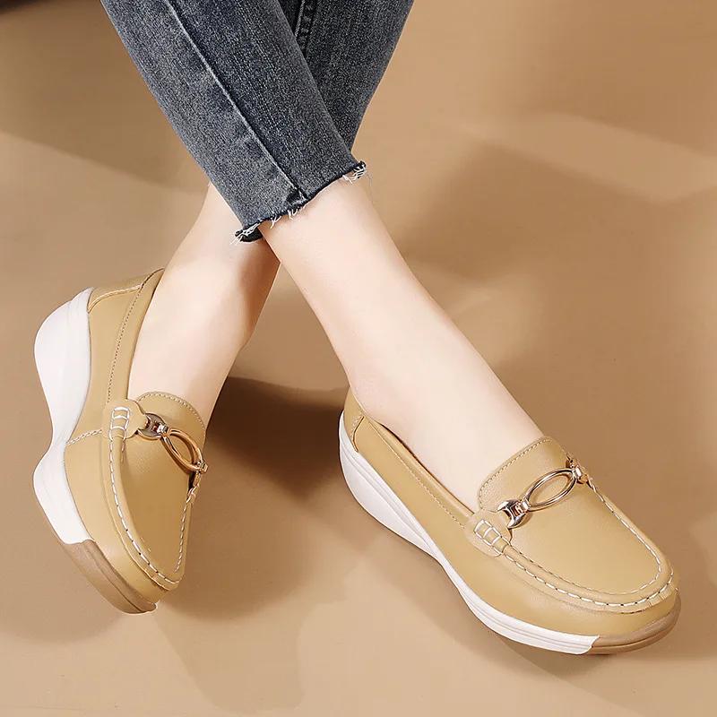 Genuine Leather Women's Shoes Spring Autumn Cow Tendon Sole Comfortable Flat Heel Leisure Style Pure Color Rubber Outsole Loafers
