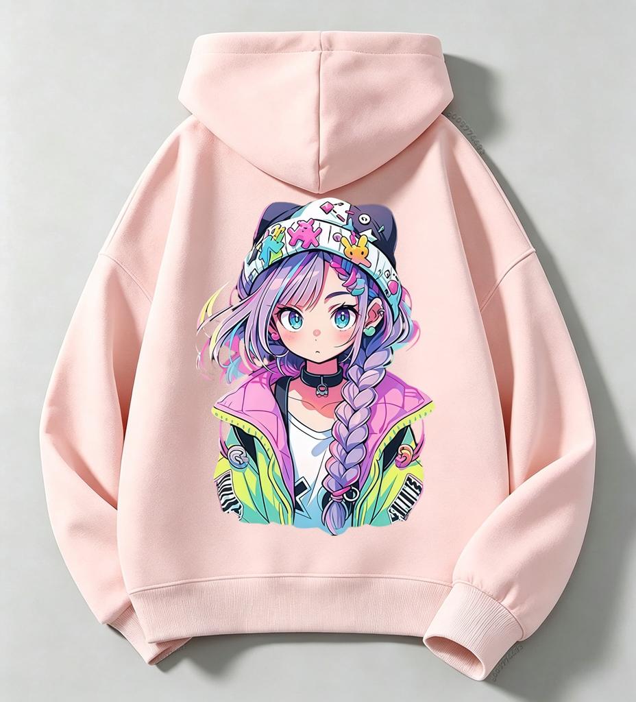 Kids Hoodie Colorful Anime Girl Back Print Hooded Sweatshirt Teen Casual Street Pullover