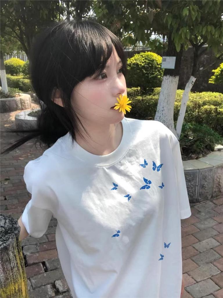 Women's Crew Neck Short Sleeve Cotton T‑Shirt Loose Butterfly Print Casual Basic Top For Summer Student Outfit