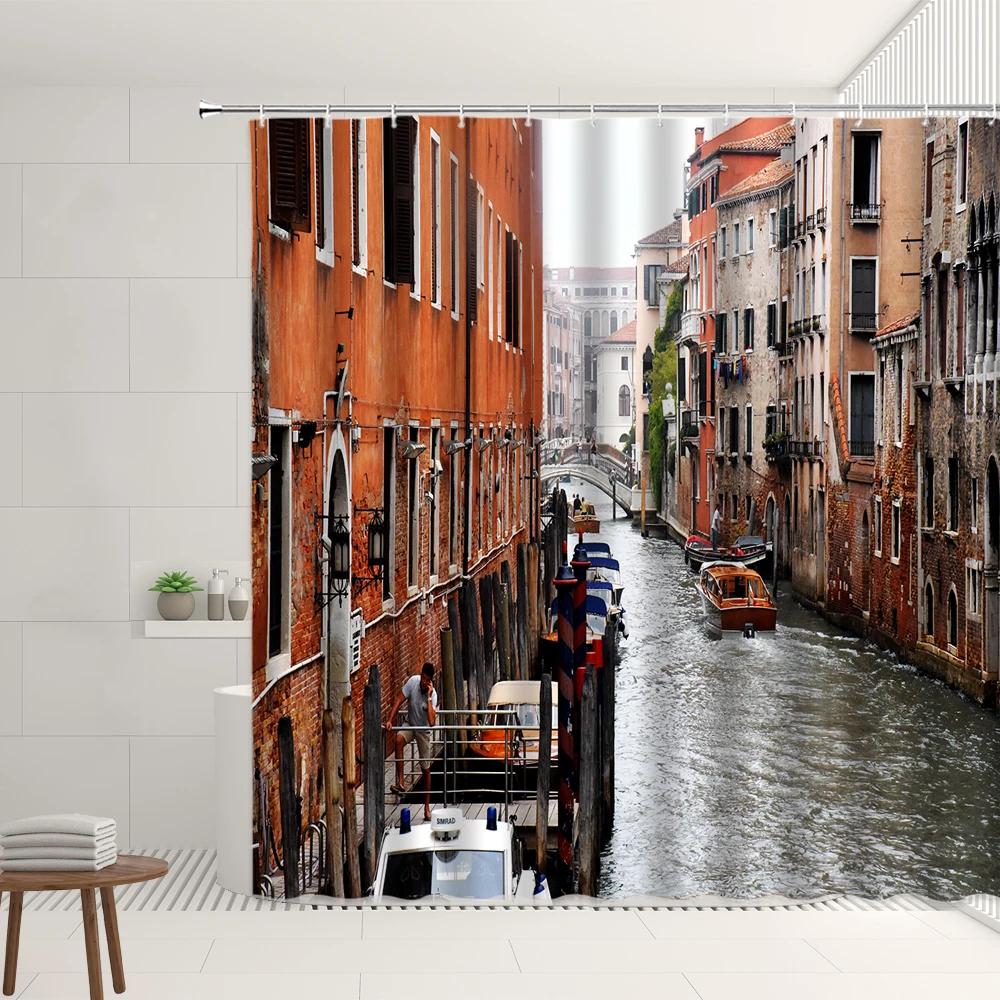 Italy Canal Scenery Shower Curtain Set Port City Romantic Venice Street Boat Retro Buildings Home Bathroom Bathtub Decor Screens