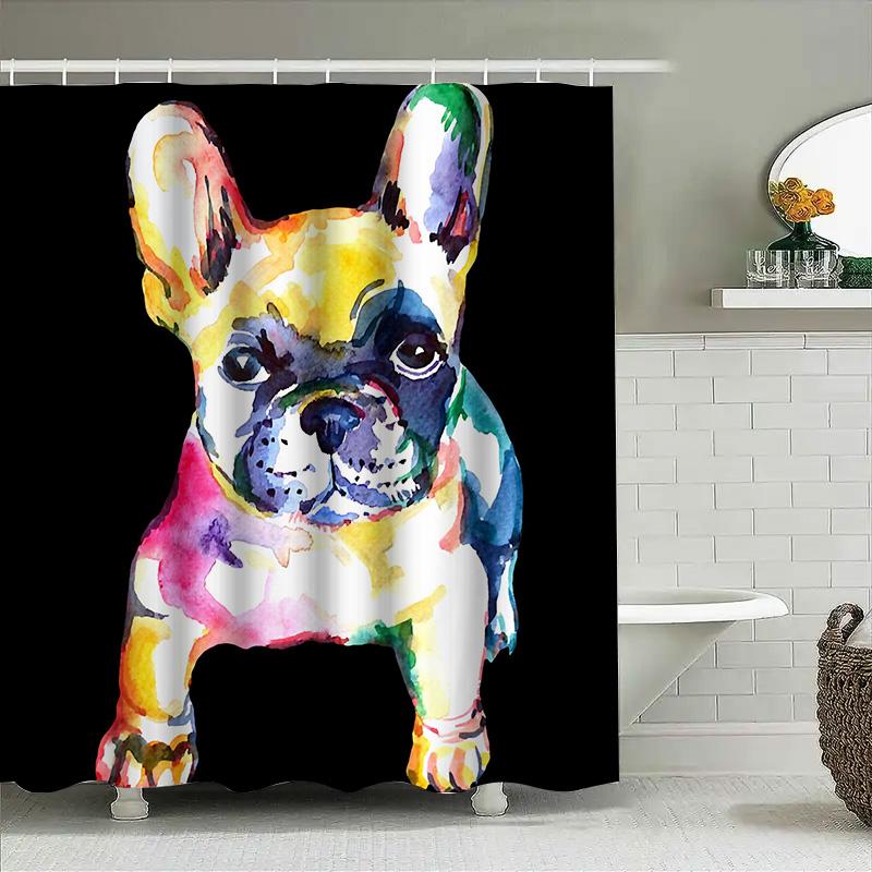 Colorful French Bulldog Shower Curtain Watercolor Pet Decor Modern Bathroom Accessories Waterproof Fabric Home Decoration Item I