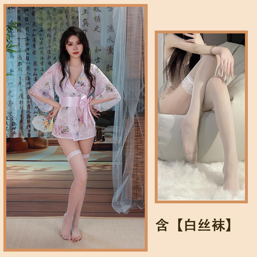 Sexy Underwear Japanese Sexy Cardigan Three-point Pajamas Large Size Kimono Set Sweet Bow Perspective