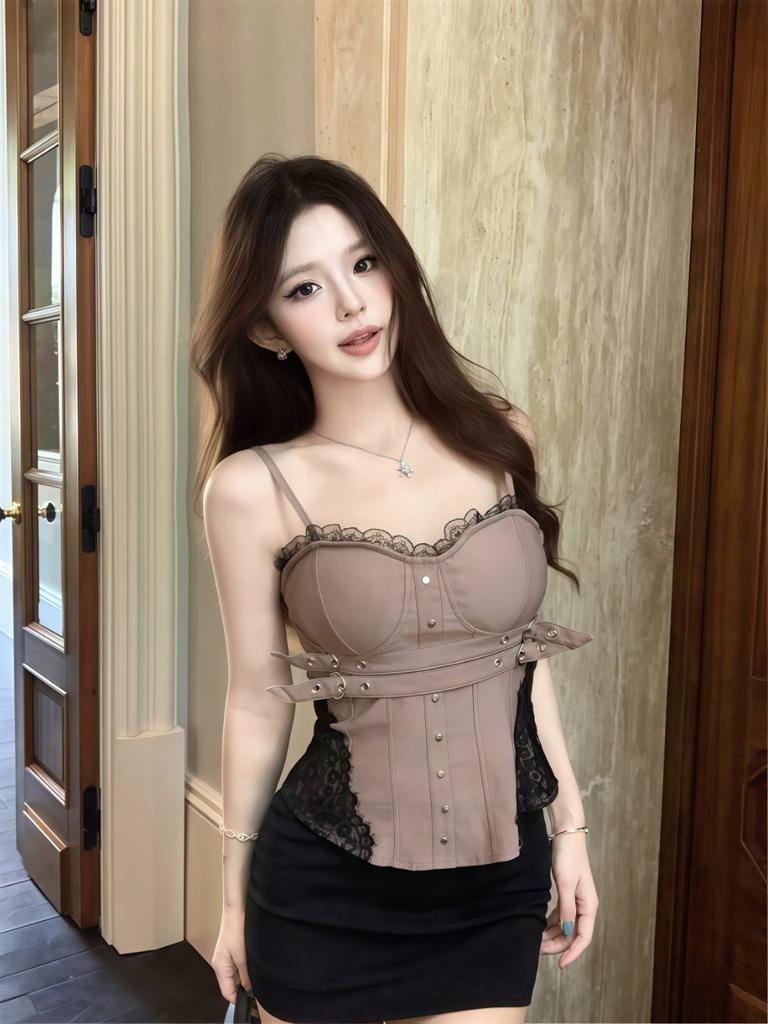 #Summer new Spice Girl retro heavy industry sling vest women's waist design slim one-piece with chest pad
