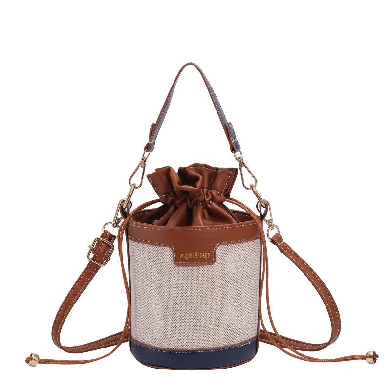 Vintage Color Block Bucket Bag Trendy Shoulder Purse Fashion Round Cylinder Crossbody Handbag for Women CLE