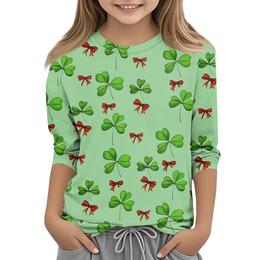 St. Patrick's Day Print Tops For Youth Girls 4-11 Years Round Neck 3/4 Sleeves T-Shirts Trendy Tops Outfit Tees