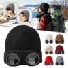 Men Women Winter Knitted Fleece Beanie Hat with Goggle Lens Warm Sports Ski Cap For Cycling Hiking Skiing