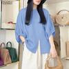Women Casual Round Neck Slit Loose 3/4 Sleeve Blouse