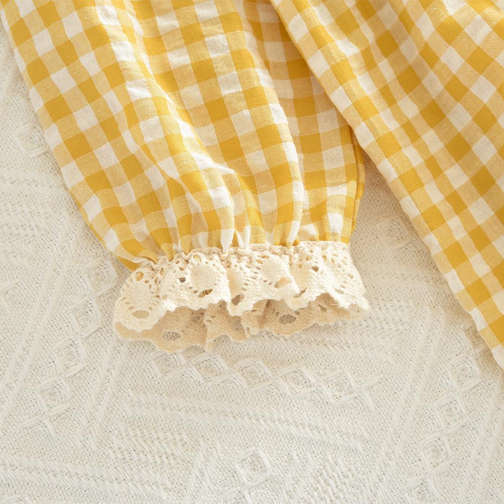 Girls' Autumn Plaid Dress with Lace Collar and Long Sleeves - Yellow and White.