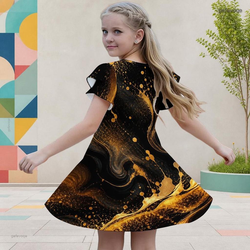 Girls Galaxy Printed Round Neck Flutter Sleeve A Line Flared Dress