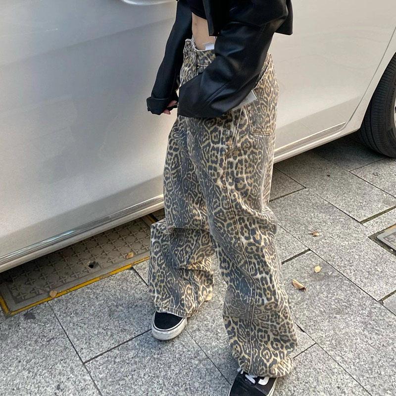 Retro High Street Casual Overalls Leopardenmuster Lockere Hose mit weitem Bein für Damen Y2k Hip-Hop Cargo Grunge Baggy Hose