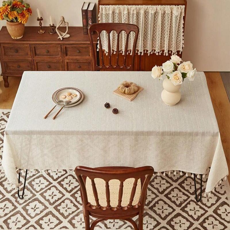 European Retro Cotton Linen Tablecloth Line Tassel Dining Table Dustproof Decorative Cover Cloth Kitchen Restaurant Party Desktop Protective Cover