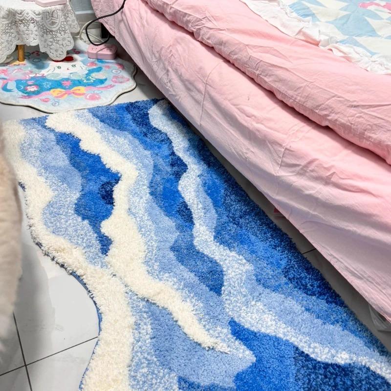 Thick Flocking Ocean Wave Rug Non Slip Rubber Back Washable Acrylic Floor Mat For Bedroom Bathroom Beach House Decor