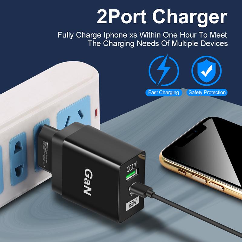 US/EU/UK Plug 65W GaN Fast Charger QC3.0 USB+Type-C PD For IOS Android Charge 5V/6.6A 9V/3A 12V/2.75A 20V/1.67A Quick Charging