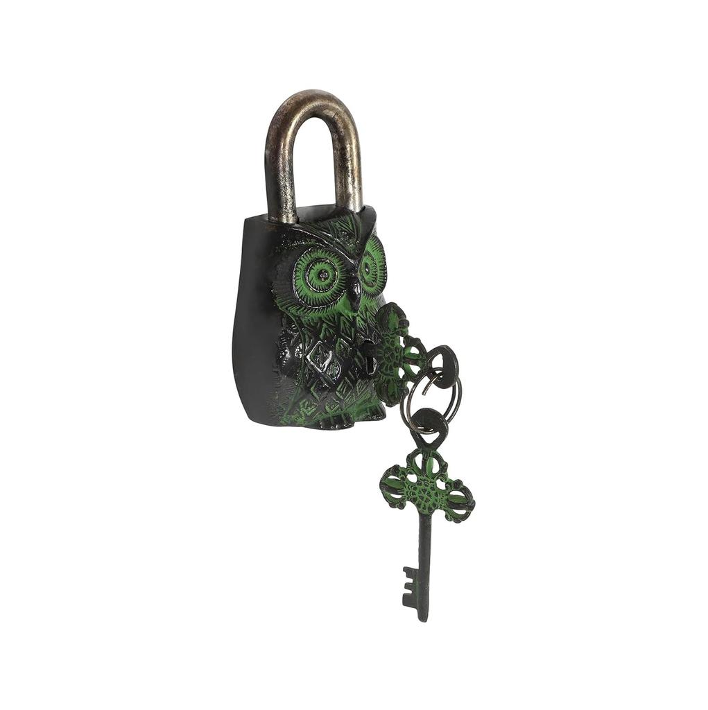 TreegoArt Attraktives Messing Schloss Schlüssel Set mit erstaunlichem Eulen Design Grün Beschichtetes Funktionelles Messing Schloss mit 2 Schlüsseln - Packung von 1