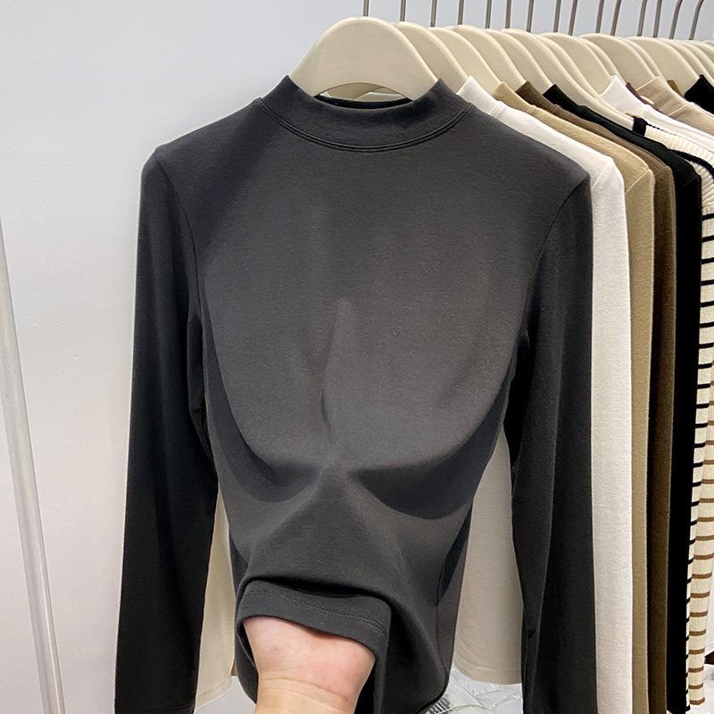 A thin velvet warm small stand-up collar bottoming shirt for women's autumn and winter simple slim and thin long-sleeved shirt