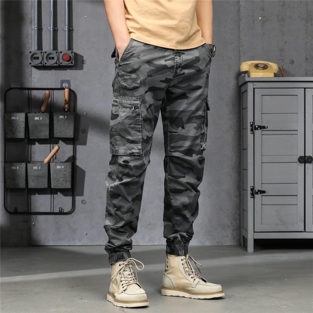 Hisokamoro Men's Camouflage Cargo Pants, Long Work Pants, Camouflage Tactical Pants, Army Style, Cotton, Slim Fit, Gray, BL0729-A656GRAY-29