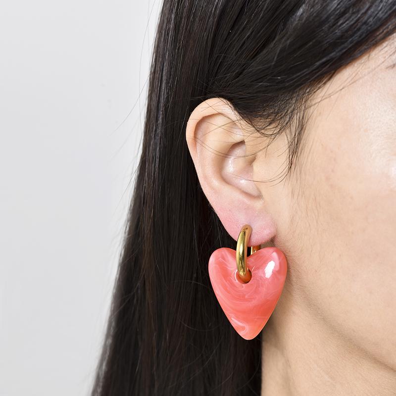Vintage Big Statement Heart Pendant Stainless Steel Hoop Earrings For Women Smooth Acrylic Resin Gold Color Ear Buckle Jewelry