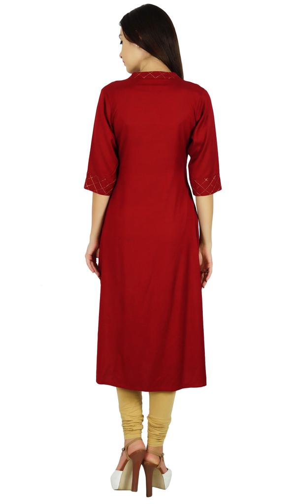 Bimba Women Red Cotton Kurta Kurti Solid Tunic 3 4 Sleeve Indian Chic Regular Custom