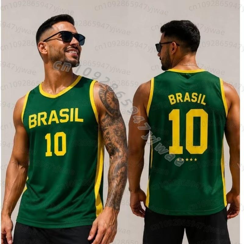 Sommer Mænd GUL BRASIL 10 Print Stribe Rund Hals Afslappet Tanktop Basketball Trøje Vest Kæreste Stil Sport Basketball Vest
