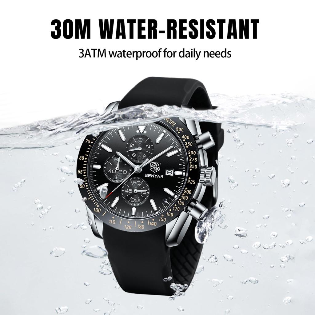 BY BENYAR Chronograph Analog 30M Water Leather Strap Quartz Black and Perfect Gift for Men Men's Watch, Resistant, Simple, Stylish, Popular, Formal,
