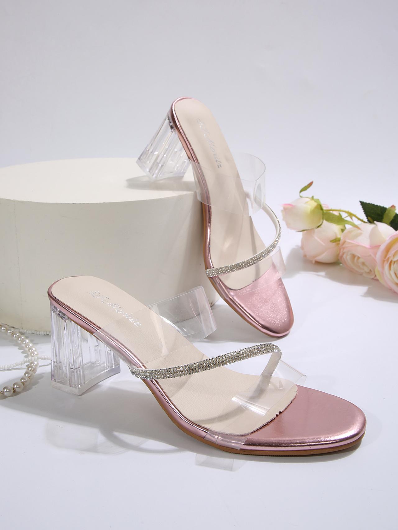 

Новые модные прозрачные туфли на высоком каблуке со стразами, женские летние туфли на толстом каблуке, белые кристальные слова с классными тапочками снаружи 43 светло-фиолетовый