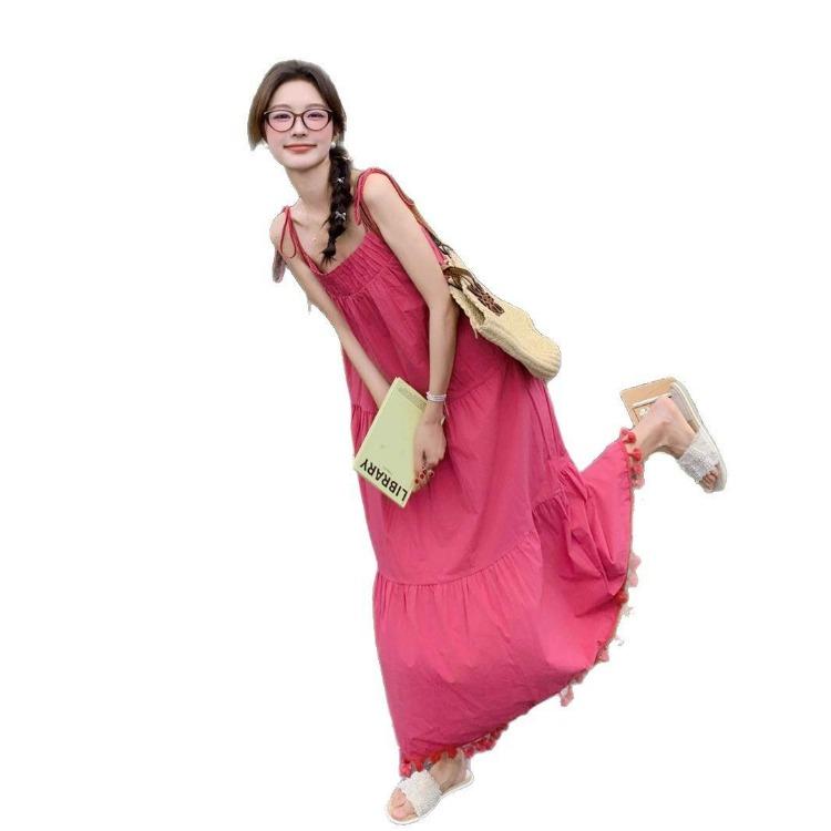 שמלת קיץ בהירה מידה גדולה לנשים אדום ורד גופיית פרינג' שמלת חוף