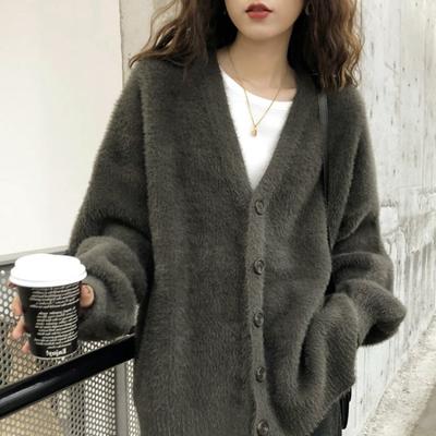 Imitation Mink Cardigan Jacket Women's Autumn and Winter Loose New Models with Thin V-neck Knitted Sweater Seahorse Hair