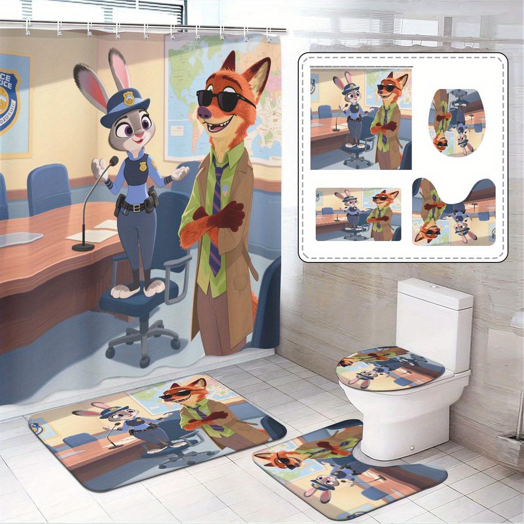 Disney Zootopia Movie Bathroom Accessories Set, 4 Pieces Waterproof Polyester Shower Curtain with Rings, Trendy Decor