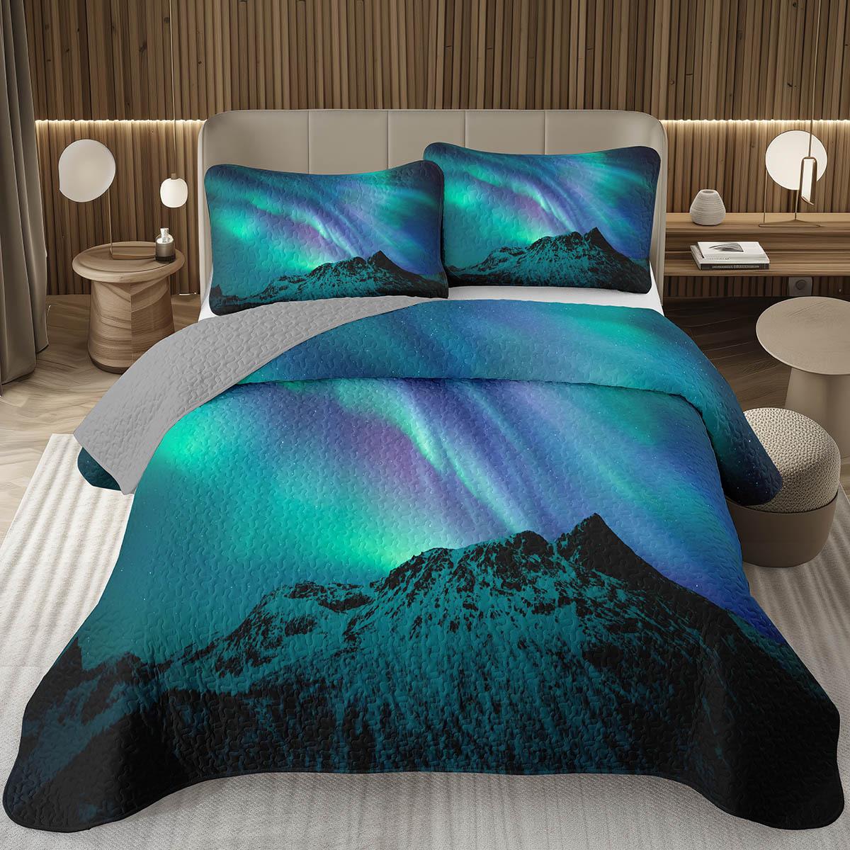 

Aurora Bedspread Northern Lights Coverlet Set Twin King Starry Sky Aurora Quilted Bedding Set Microfiber Snow Mountain Bed Cover EU Single(135*200cm)3pcs