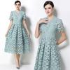 Summer Formal Evening Dress Women Hollow Out Crochet Lace Embroidery Party Long Dresses Female Short Sleeve Midi Dress