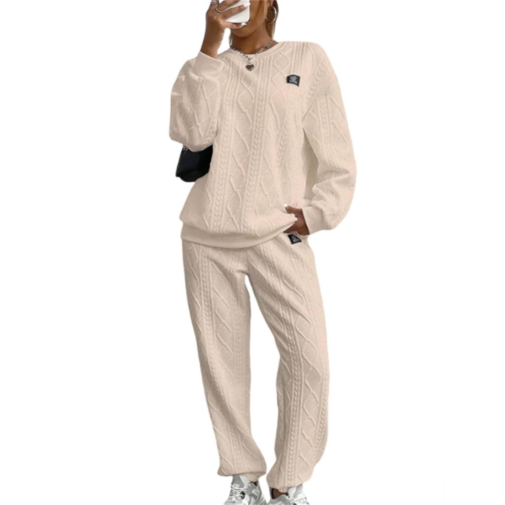 Women's Fashion Solid Color Round Neck Long Sleeve Top Elastic Waist Casual Pants Set