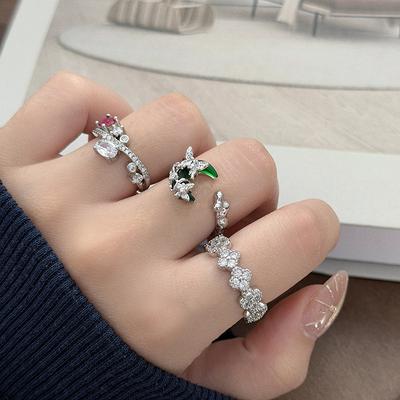 Leichter Luxus Süßer Cooler Stil Roter Zirkon Mond Kleeblatt Diamant Zir*****Stift Ring Super Fee Gestapelt Tragen Nischenring