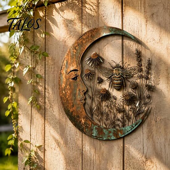 Rustic Turquoise Home Accents Vintage Crescent Moon Wall Art, Fairy Witch Bee Dragonfly Iron Hanging Metal Art Decor Decor, Sculpture for Garden Patio
