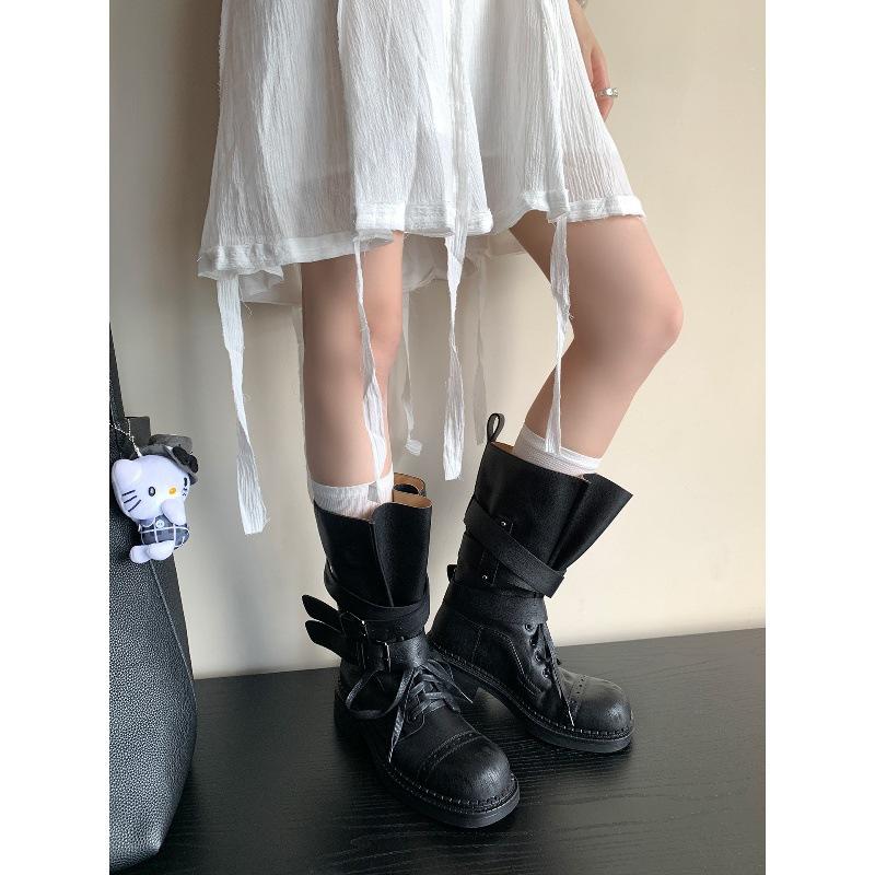 Sheepskin Version~ Retro Belt Buckle Medium Boots Knight Boots Women's Lace-up Locomotive Martin Boots Thick-soled Western Cowboy Boots