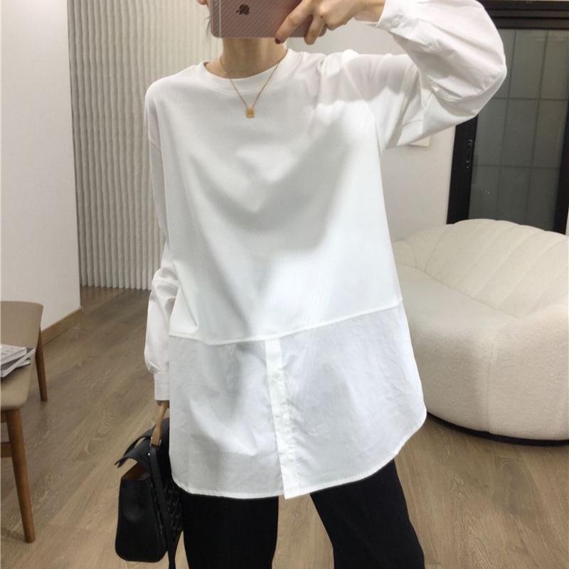 Korean Style Loose-Fit White Cotton Long-Sleeve Spliced T-Shirt XL белый