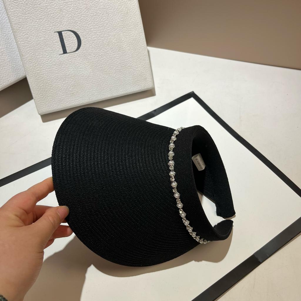French Small Fragrant Wind Pearl Rhinestone Sun Hat Summer PP Encrypted Woven Sun Hat Washable Empty Top Hat