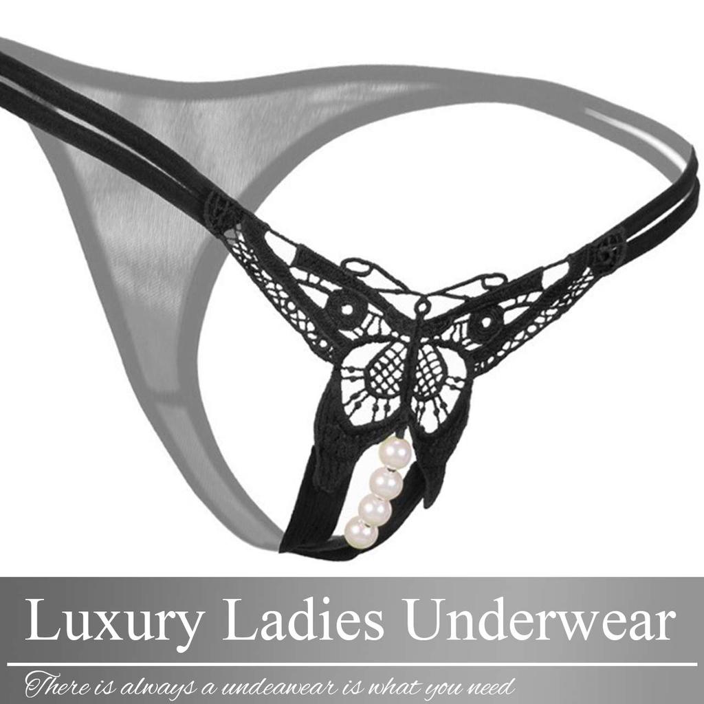 BUZZxSELECTION Panties with Sexy Butterfly TV065 Women's T-Back Pearls, Design, (01 Black)