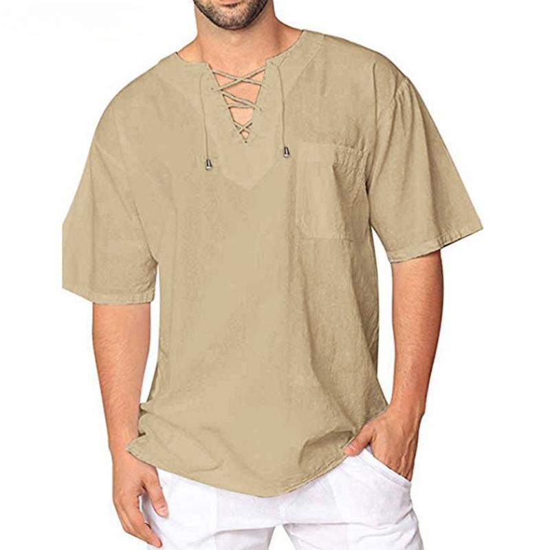 

Летние хлопковые льняные мужские свободные однотонные футболки в стиле ретро с короткими рукавами на шнуровке